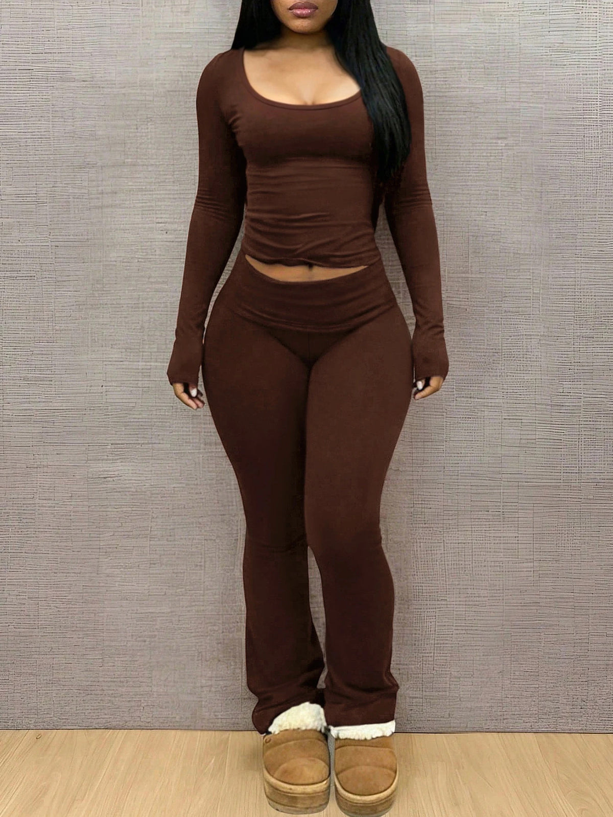 Ensemble Deux Pièces Femme Uni – Haut à Col en U et Pantalon – photo du produit 9