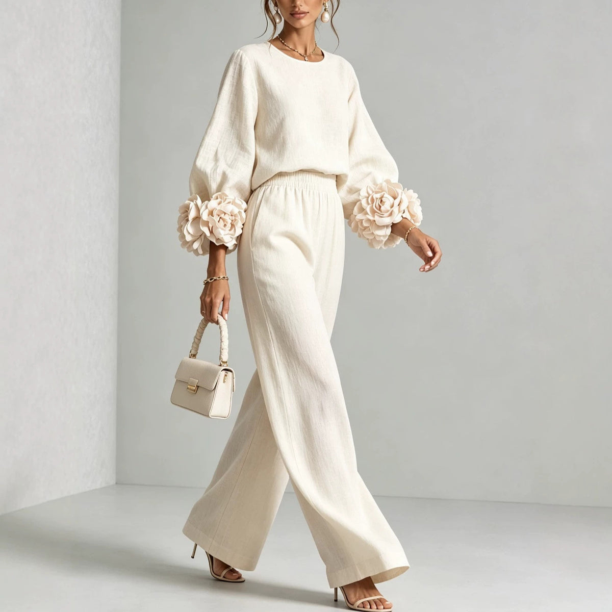 Ensemble femme haut à manches fleuries et pantalon large – Drefted