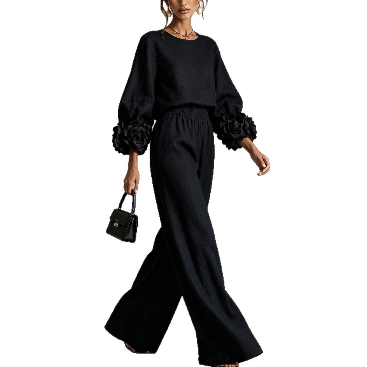 Ensemble femme haut à manches fleuries et pantalon large – Drefted