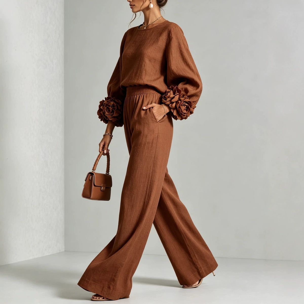 Ensemble femme haut à manches fleuries et pantalon large – Drefted