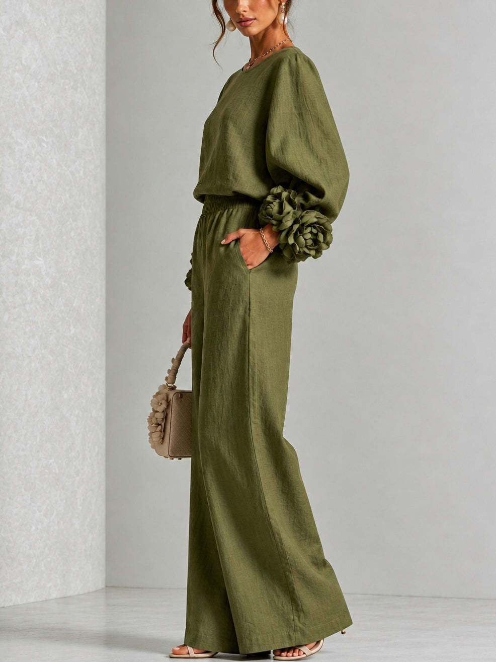 Ensemble femme haut à manches fleuries et pantalon large – Drefted