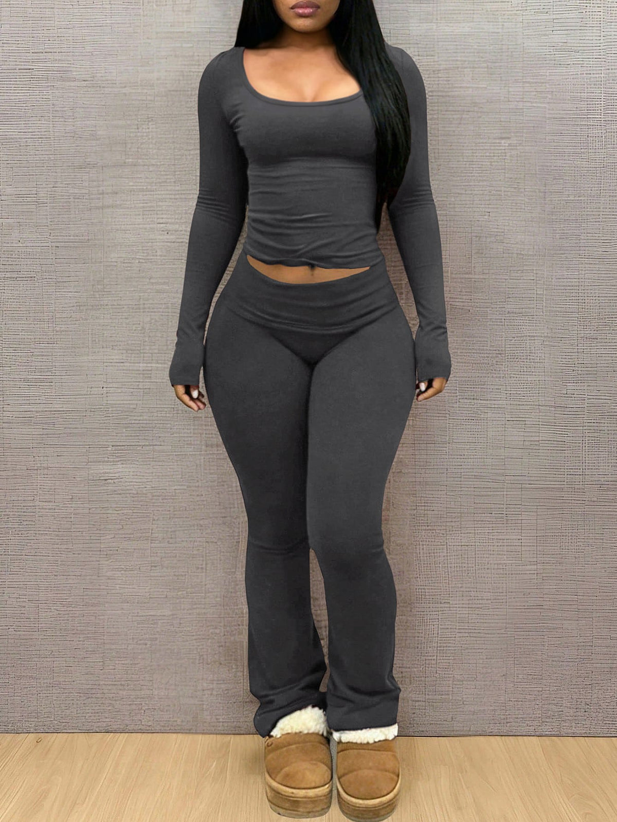 Ensemble Deux Pièces Femme Uni – Haut à Col en U et Pantalon – photo du produit 10