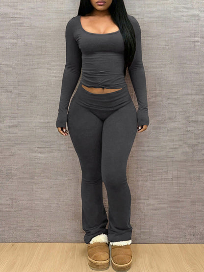 Ensemble Deux Pièces Femme Uni – Haut à Col en U et Pantalon – photo du produit 10
