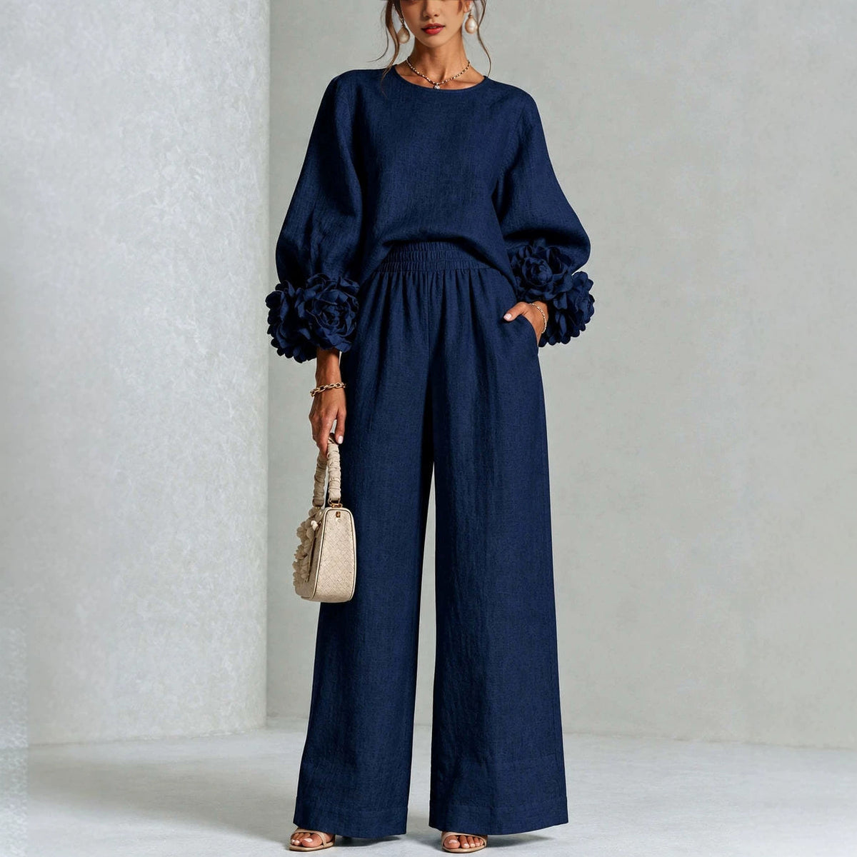 Ensemble femme haut à manches fleuries et pantalon large – Drefted