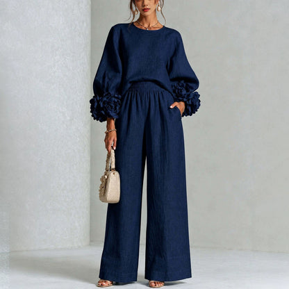 Ensemble femme haut à manches fleuries et pantalon large – Drefted