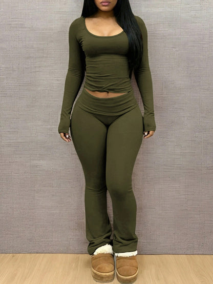 Ensemble Deux Pièces Femme Uni – Haut à Col en U et Pantalon – photo du produit 6