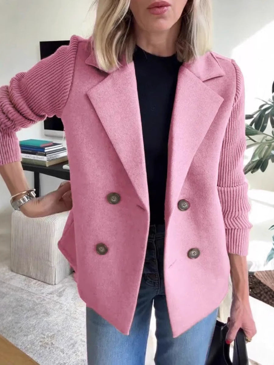 Manteau femme rose à double boutonnage, col revers et manches en maille côtelée