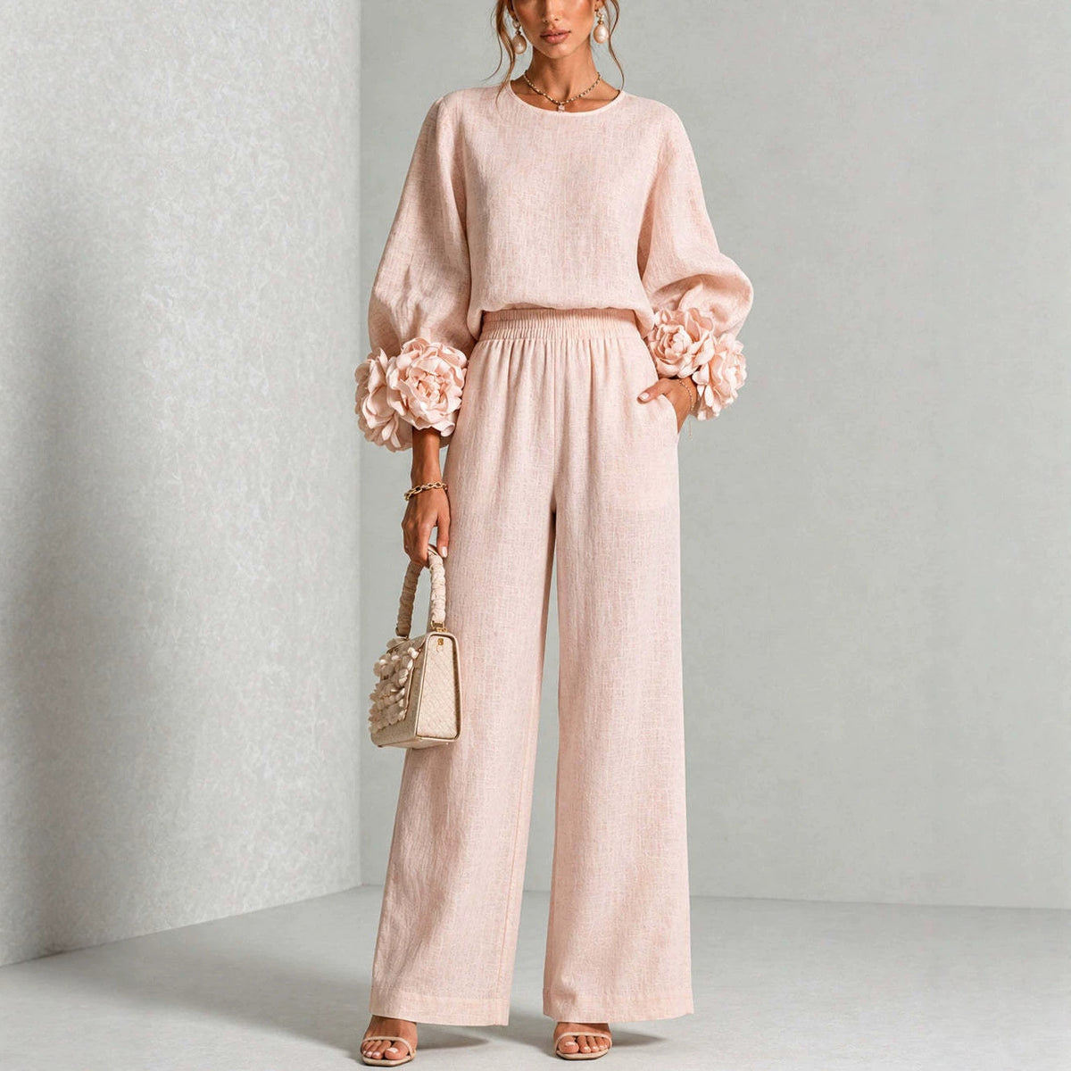 Ensemble femme rose pâle : haut à manches longues ornées de fleurs 3D et pantalon large à taille élastique