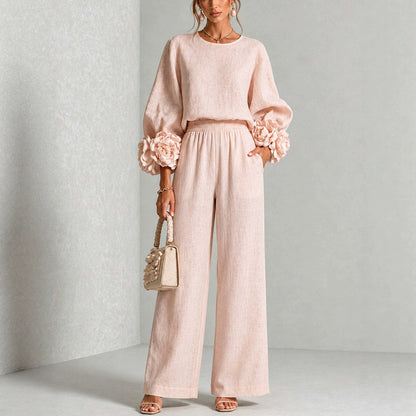 Ensemble femme rose pâle : haut à manches longues ornées de fleurs 3D et pantalon large à taille élastique