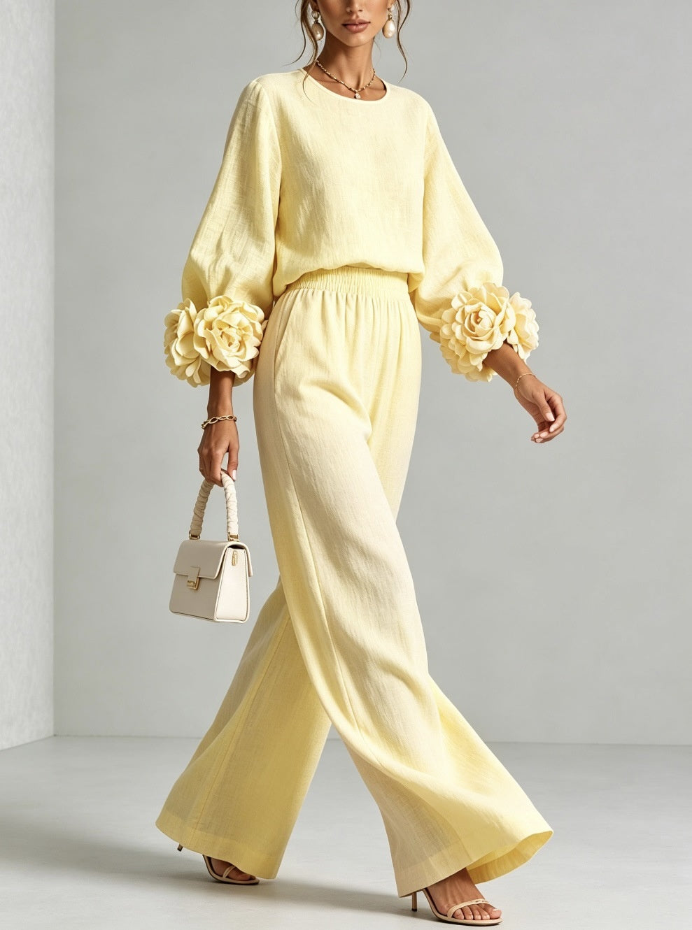 Ensemble femme haut à manches fleuries et pantalon large – Drefted