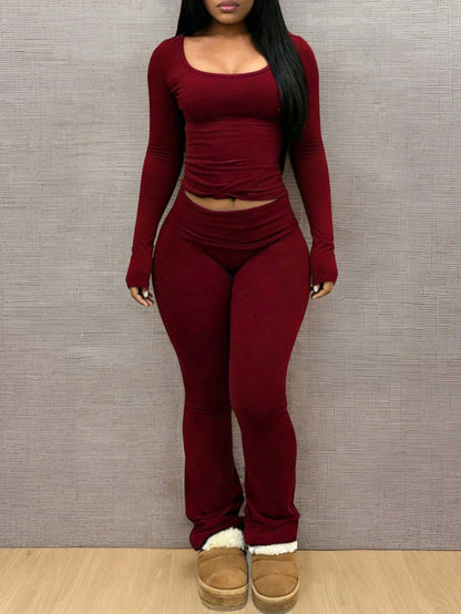 Ensemble Deux Pièces Femme Uni – Haut à Col en U et Pantalon – photo du produit 5
