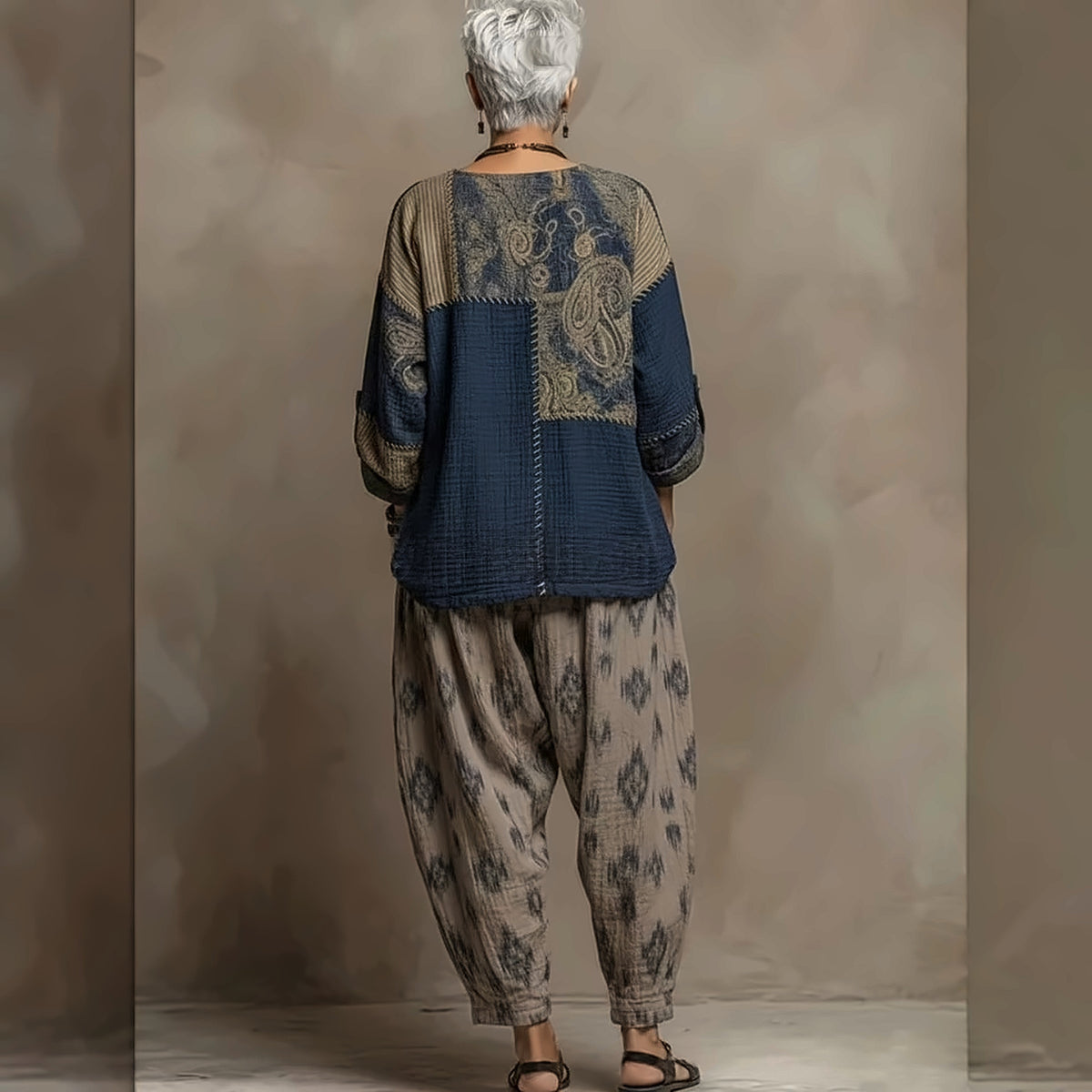 Ensemble deux pièces femme imprimé cachemire bleu marine, vue de dos