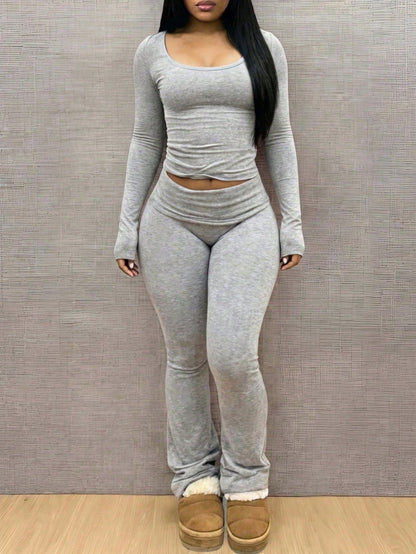 Ensemble Deux Pièces Femme Uni – Haut à Col en U et Pantalon – photo du produit 2